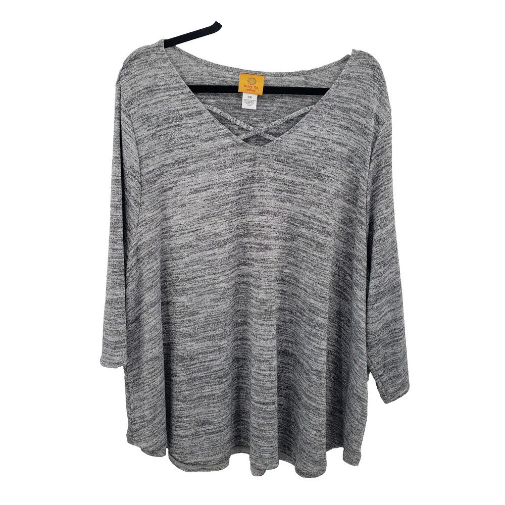Ruby Rd. 3x Caged Neck Sweater Womens Plus Heathered Gray Black 3/4 Sleeve